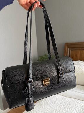 Madison West Black Pebbled Leather Shoulder Bag with Gold Hardware